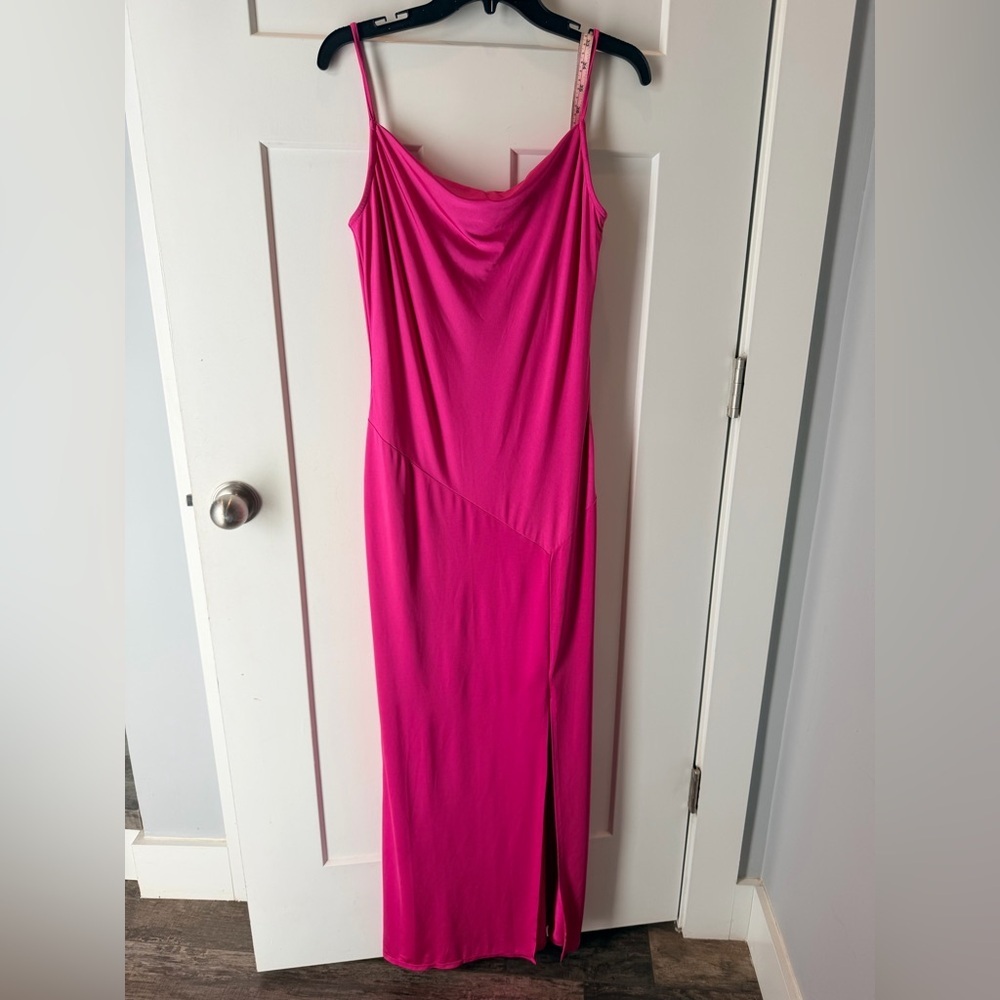 Julia Jordan Hot Pink Satin Slip Dress Midi Maxi Side Slit Strappy Barbiecore S